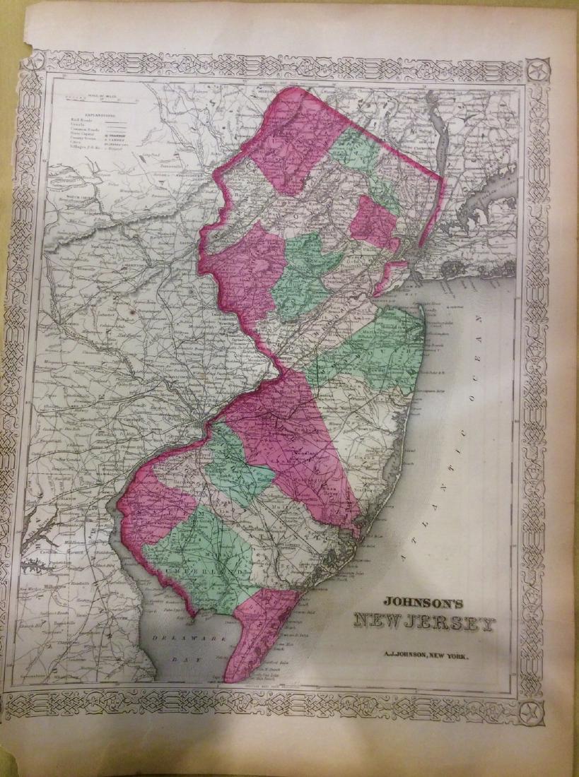 Johnson: Antique Map of New Jersey, 1868: Title/Content of Map: New Jersey by Johnson Date Printed: 1868 Cartographer: A.J. Johnson Material/Medium: Paper Size: 13" x 18" Hand colored steel engraved Map. From Johnson's New Illustrated Family