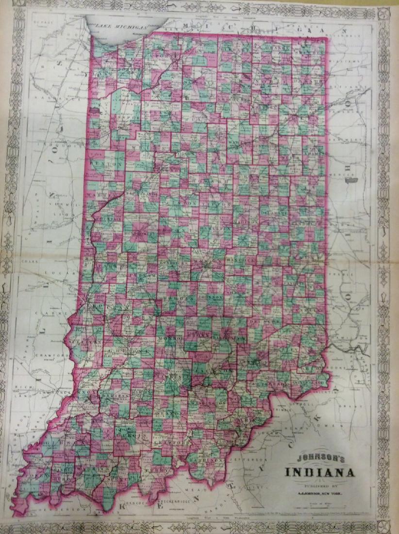 Johnson: Antique Map of Indiana, 1868: Title/Content of Map: Indiana by Johnson Date Printed: 1868 Cartographer: A.J. Johnson Material/Medium: Paper Size: 18" x 24" Hand colored steel engraved Map. From Johnson's New Illustrated Family Atl