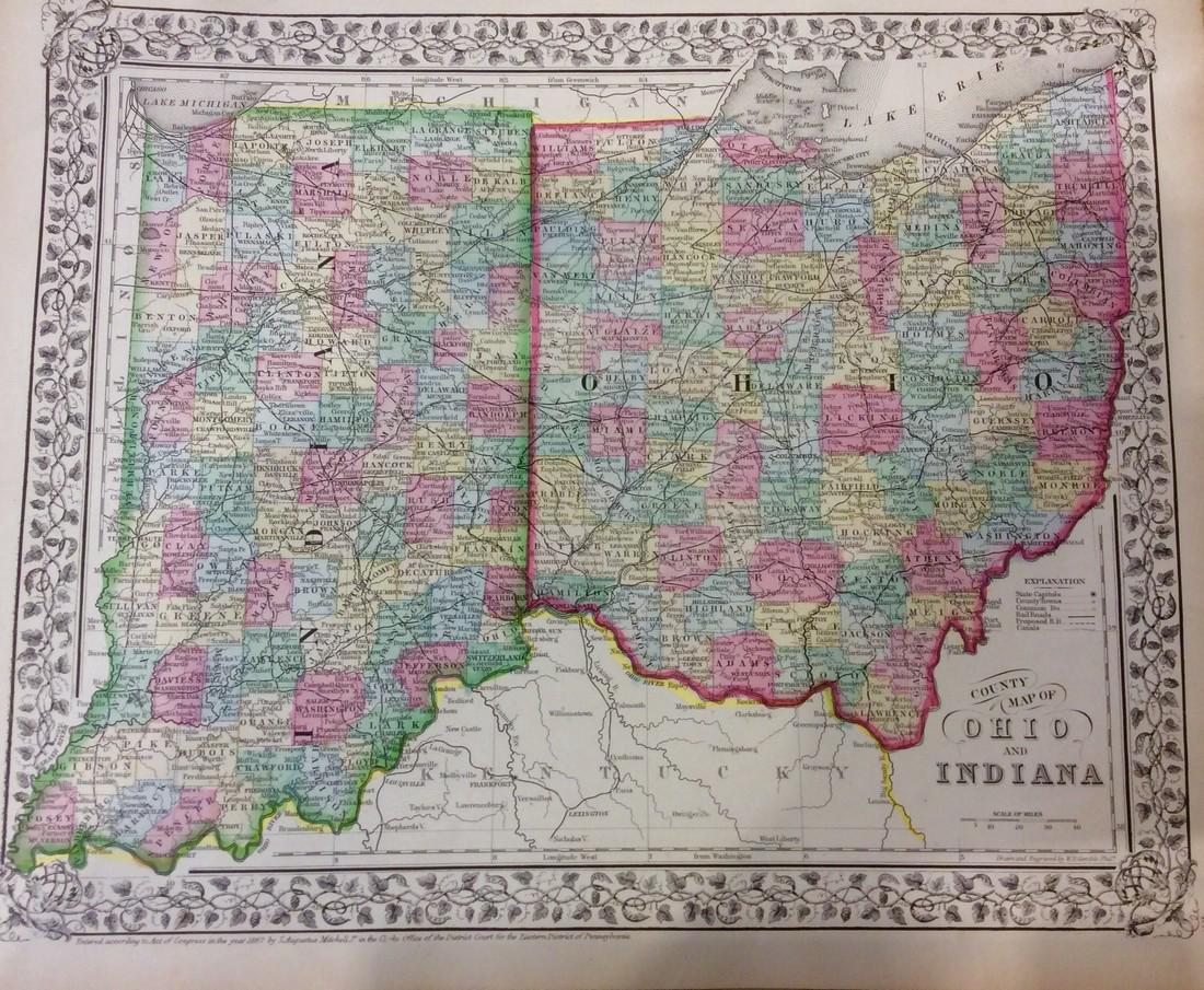 Mitchell: Antique Map of Indiana & Ohio, 1869: Title/Content of Map: Indiana & Ohio by Mitchell Date Printed: 1869 Cartographer: Augustus S. Mitchell Material/Medium: Paper Size: 15" x 12" Hand colored steel engraved Map. Published in Philadelphia