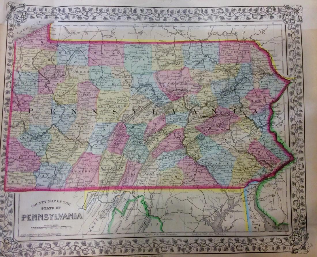 Mitchell: Antique Map of Pennsylvania, 1869: Title/Content of Map: Pennsylvania by Mitchell Date Printed: 1869 Cartographer: Augustus S. Mitchell Material/Medium: Paper Size: 15 14" x 12 1/4" Hand colored steel engraved Map. Published in Philade