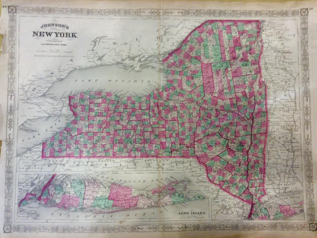 Johnson: Antique Map of New York, 1868: Title/Content of Map: New York by Johnson Date Printed: 1868 Cartographer: A.J. Johnson Material/Medium: Paper Size: 18" x 24" Hand colored steel engraved Map. From Johnson's New Illustrated Family At