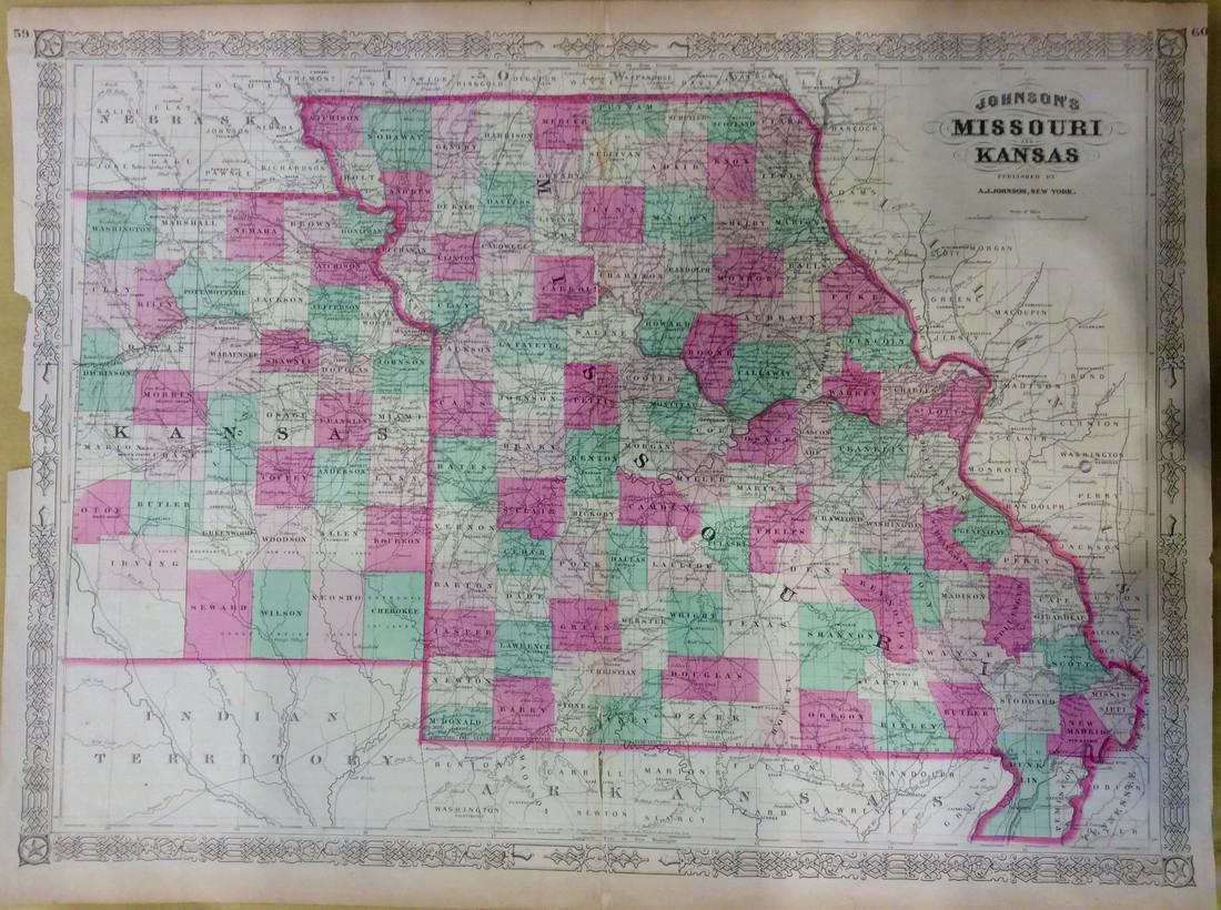 Johnson: Antique Map of Missouri & Kansas, 1868: Title/Content of Map: Missouri & Kansas by Johnson Date Printed: 1868 Cartographer: A.J. Johnson Material/Medium: Paper Size: 18" x 24" Hand colored steel engraved Map. From Johnson's New Illustrated