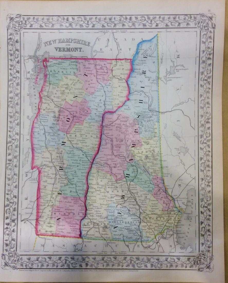 Mitchell: Antique Map of New Hampshire & Vermont, 1869: Title/Content of Map: New Hampshire & Vermont by Mitchell Date Printed: 1869 Cartographer: Augustus S. Mitchell Material/Medium: Paper Size: 12" x 15" Hand colored steel engraved Map. Published in Phi