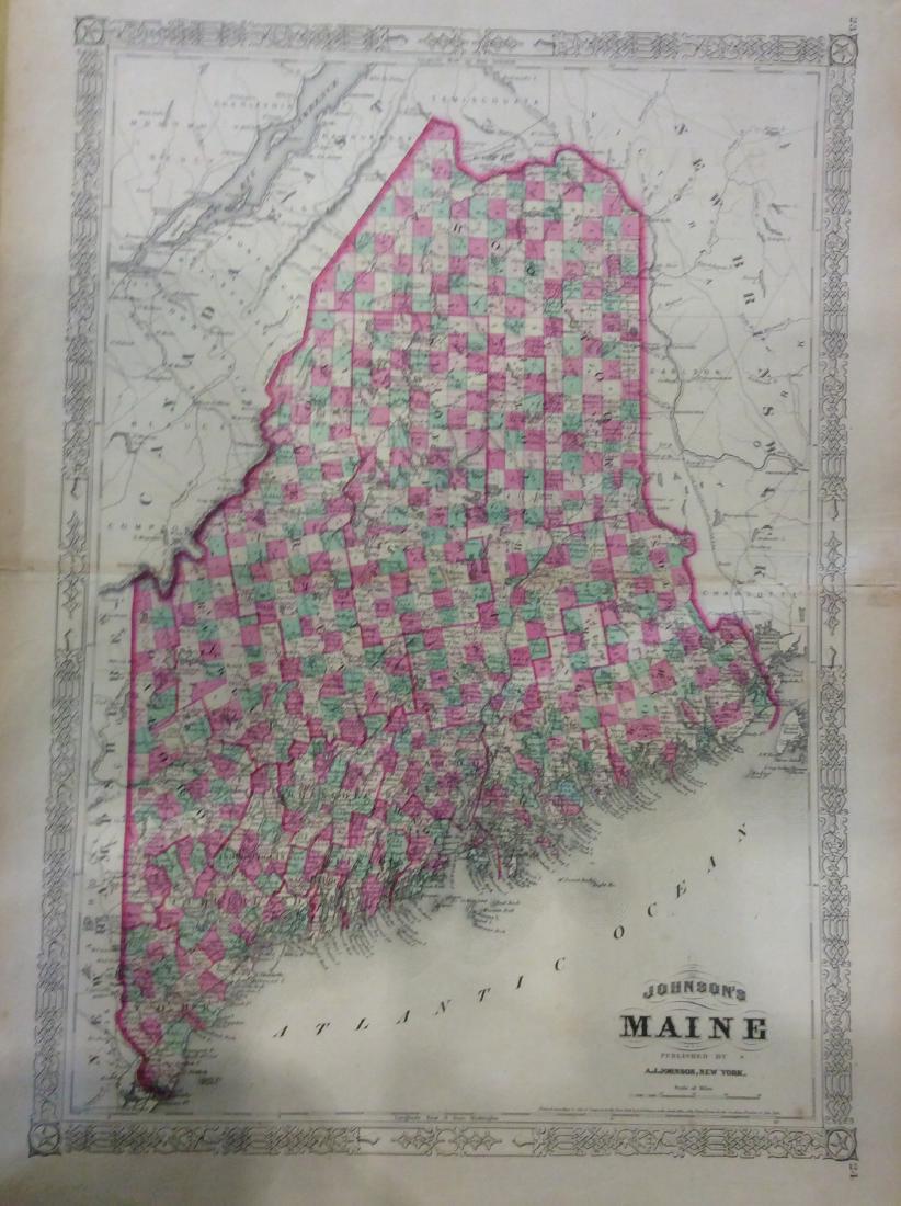 Johnson: Antique Map of Maine, 1868: Title/Content of Map: Maine by Johnson Date Printed: 1868 Cartographer: A.J. Johnson Material/Medium: Paper Size: 18" x 24" Hand colored steel engraved Map. From Johnson's New Illustrated Family Atlas