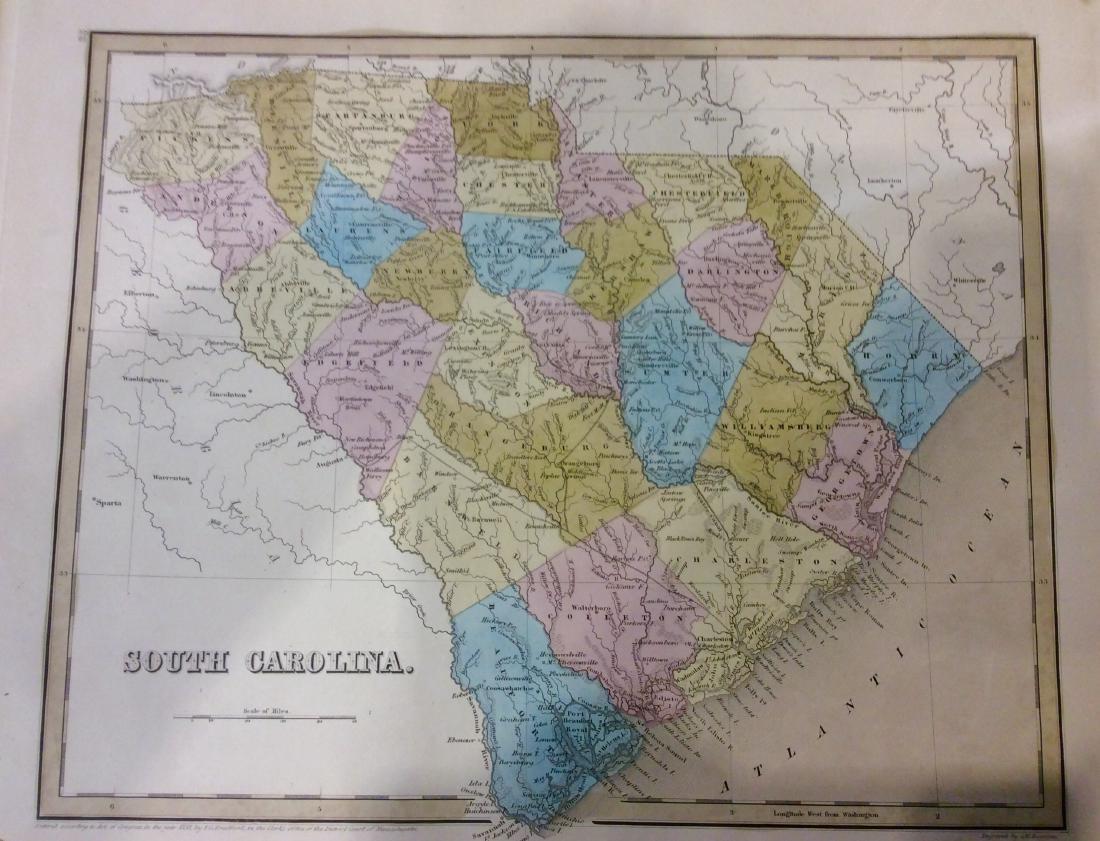 Bradford: Antique Map of South Carolina, 1838: Title/Content of Map: South Carolina by Bradford Date Printed: 1838/1841 Cartographer: Thomas G. Bradford Material/Medium: Paper Size: 16 3/4" x 13" Hand colored steel engraved Map. Published in Phila