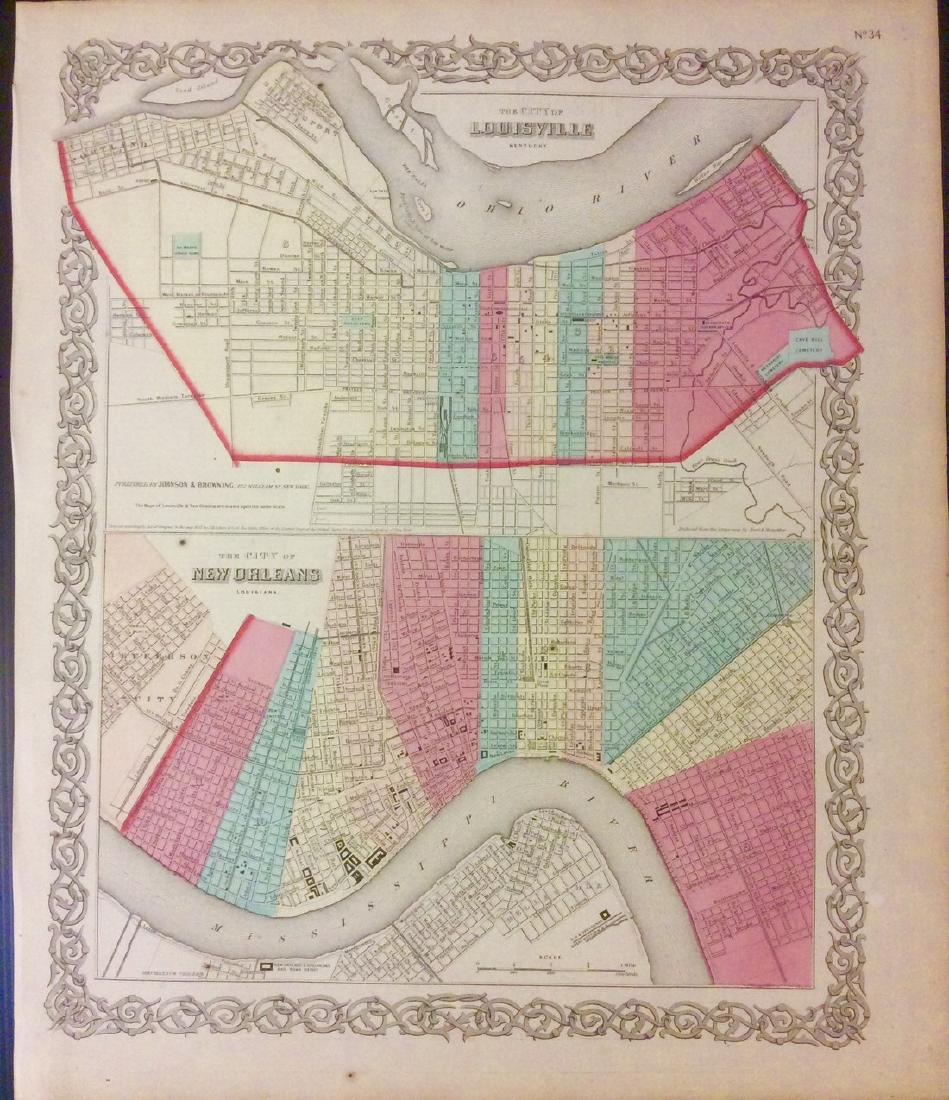 Colton: Antique Map of New Orleans & Louisville, 1859: Title/Content of Map: New Orleans & Louisville by Colton Date Printed: 1859 Cartographer: H. J. Colton Material/Medium: Paper Size: 17 1/2" x 15" Hand colored engraved. Published in New York in 'Colto