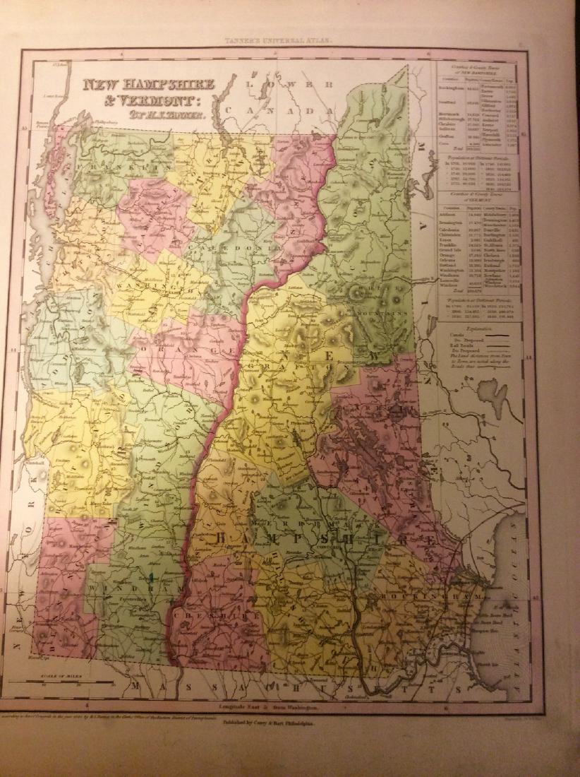 Antique Map of New Hemisphere & Vermont, 1843: Title/Content of Map: New Hemisphere & Vermont by Tanner Date Printed: 1843 Cartographer: based on the work of H.C. Tanner Material/Medium: Paper Size: 17" x 14" Hand colored engraved Map. From the fi