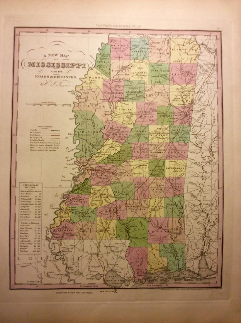 Tanner: Antique Map of Mississippi, 1843: Title/Content of Map: Mississippi by Tanner Date Printed: 1843 Cartographer: based on the work of H.C. Tanner Material/Medium: Paper Size: 17" x 14" Hand colored engraved Map. From the first edition p