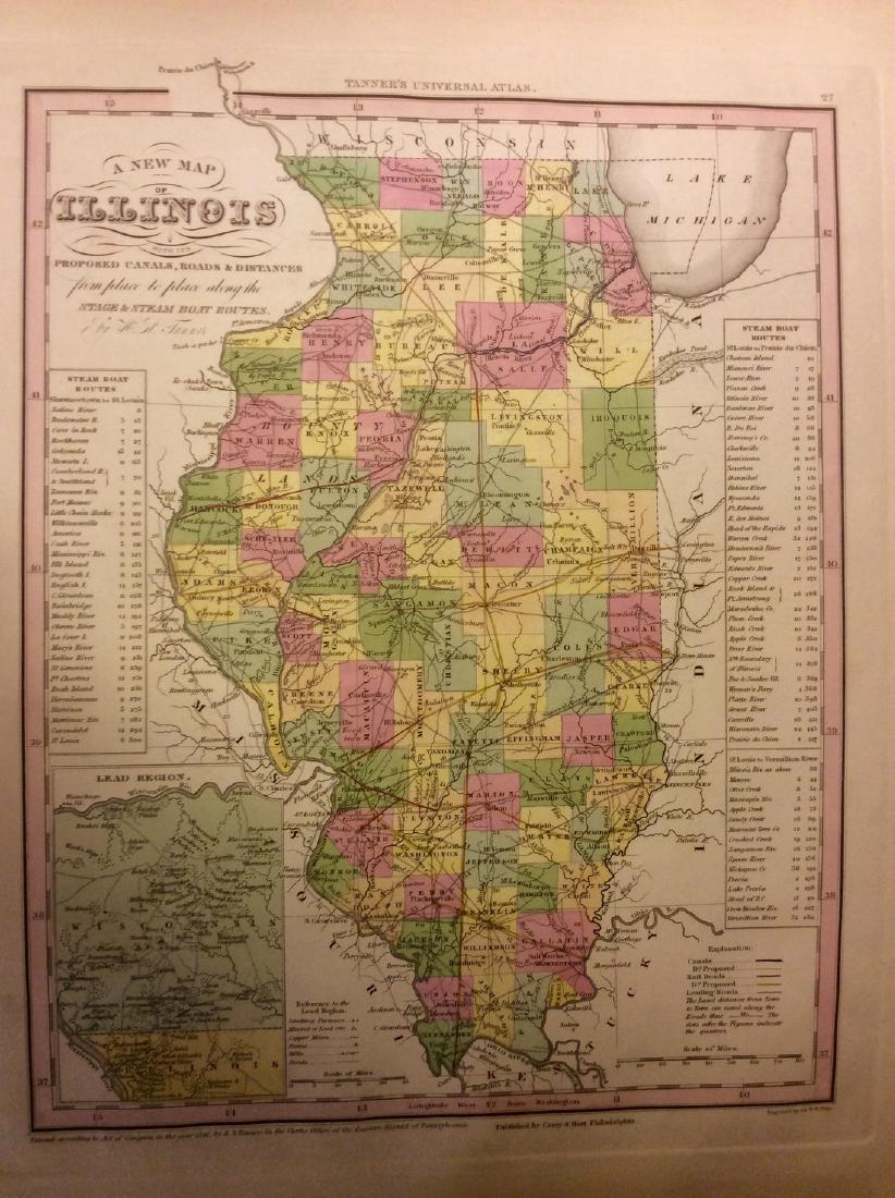 Tanner: Antique Map of Illinois, 1843: Title/Content of Map: Illinois by Tanner Date Printed: 1843 Cartographer: based on the work of H.C. Tanner Material/Medium: Paper Size: 17" x 14" Hand colored engraved Map. From the first edition publ