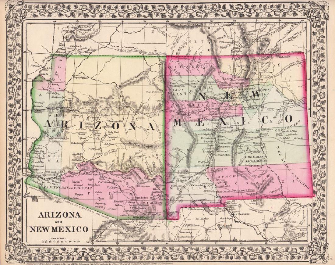 Mitchell: Antique Map of Arizona & New Mexico, 1870: Map: Arizona and New Mexico Cartographer: S. A. Mitchell Place & Date: Philadelphia / 1870 Size: 14 1/8" x 11 1/2" Condition: full color; light overall age toning The beautifully detailed and colored 