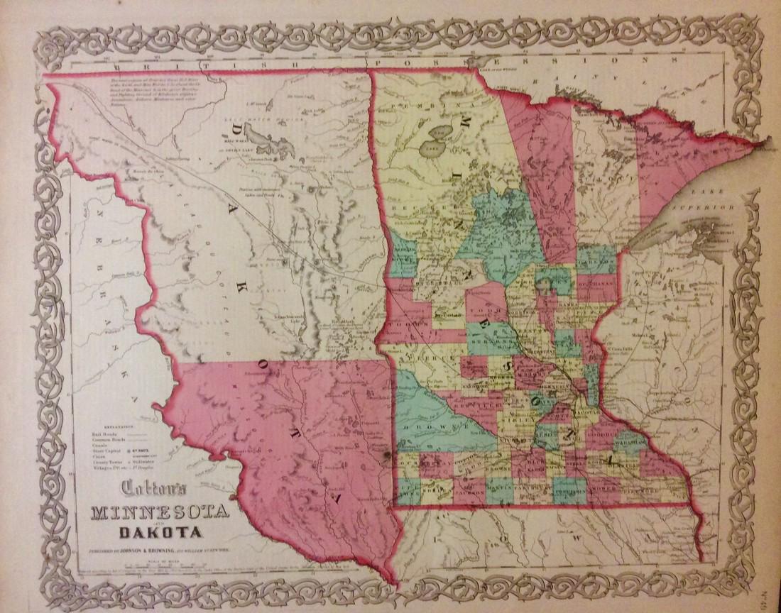 Colton: Antique Map of Minessota & Dakota, 1859: Title/Content of Map: Minessota & Dakota by Colton Date Printed: 1859 Cartographer: H. J. Colton Material/Medium: Paper Size: 17 1/2" x 15" Hand colored engraved. Published in New York in 'Colton's Ge