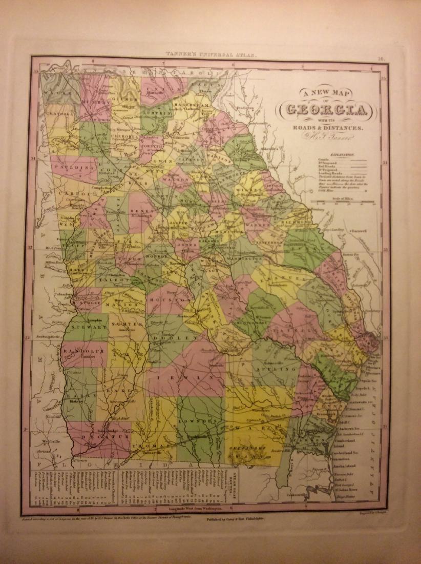Tanner: Antique Map of Georgia, 1843: Title/Content of Map: Georgia by Tanner Date Printed: 1843 Cartographer: based on the work of H.C. Tanner Material/Medium: Paper Size: 17" x 14" Hand colored engraved Map. From the first edition publi