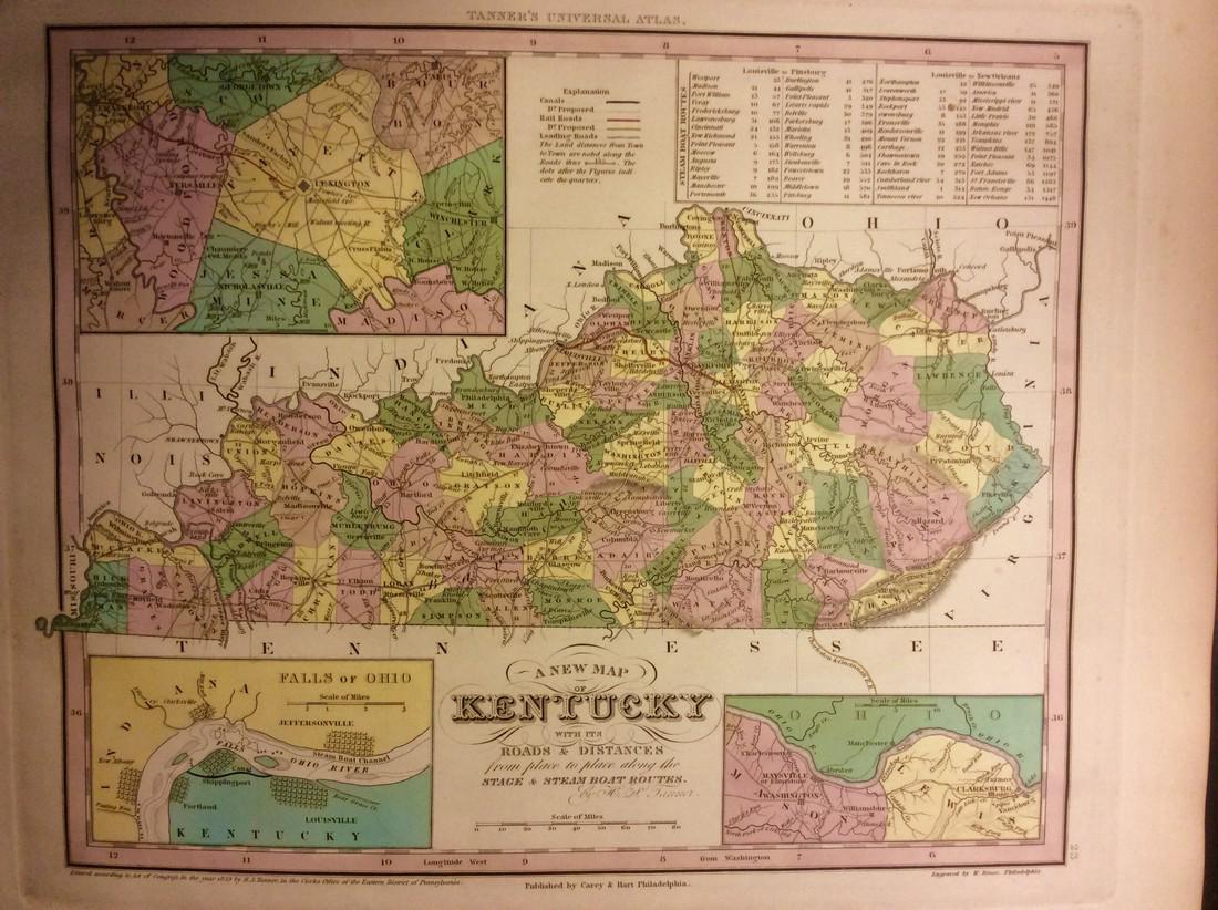 Tanner: Antique Map of Kentucky, 1843: Title/Content of Map: Kentucky by Tanner Date Printed: 1843 Cartographer: based on the work of H.C. Tanner Material/Medium: Paper Size: 17" x 14" Hand colored engraved Map. From the first edition publ