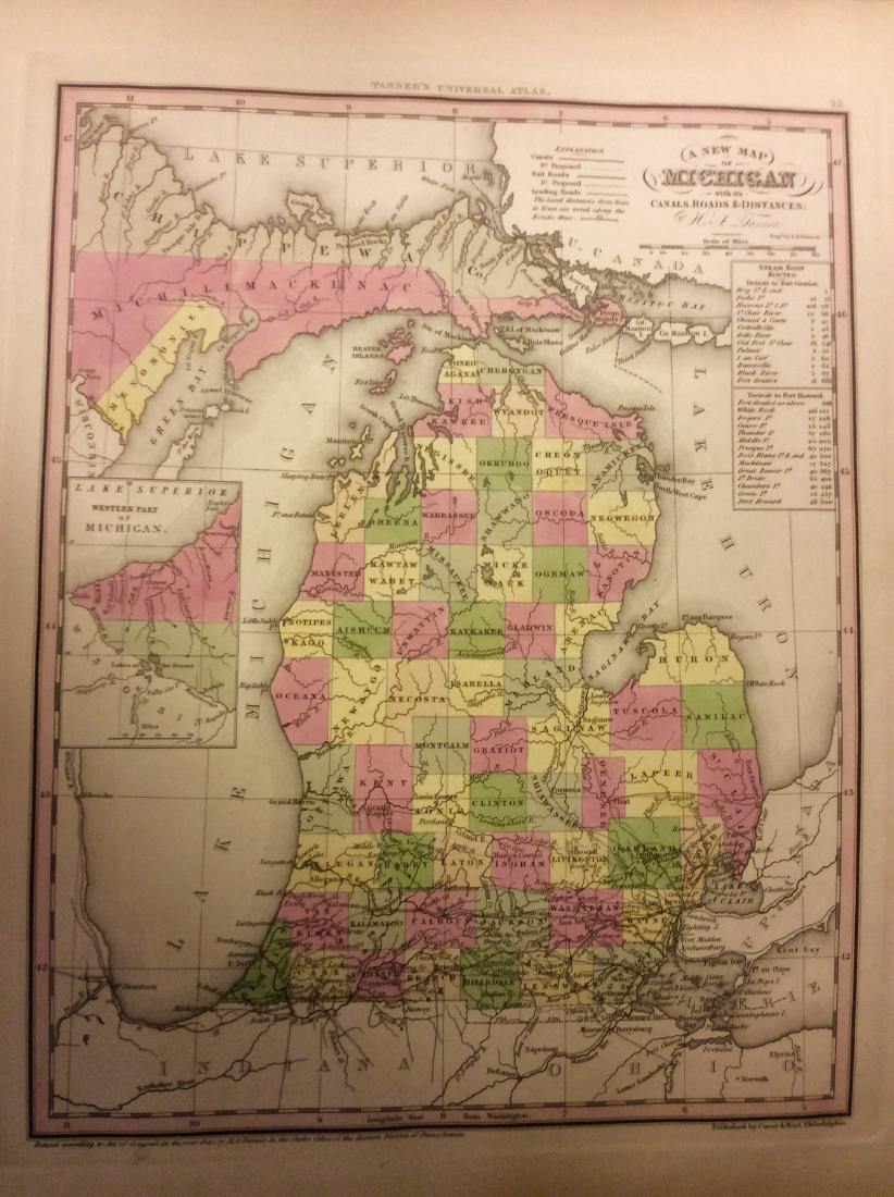 Tanner: Antique Map of Michigan, 1843: Title/Content of Map: Michigan by Tanner Date Printed: 1843 Cartographer: based on the work of H.C. Tanner Material/Medium: Paper Size: 17" x 14" Hand colored engraved Map. From the first edition publ