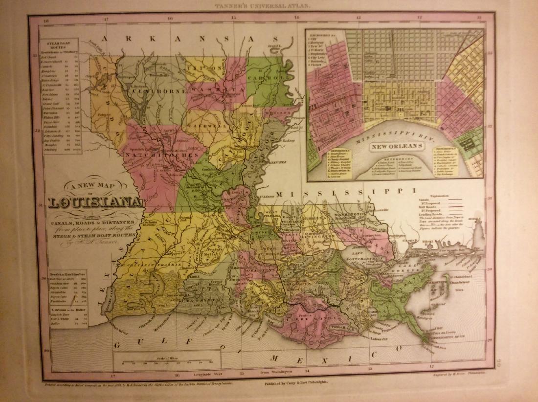 Tanner: Antique Map of Louisiana, 1843: Title/Content of Map: Louisiana by Tanner Date Printed: 1843 Cartographer: based on the work of H.C. Tanner Material/Medium: Paper Size: 17" x 14" Hand colored engraved Map. From the first edition pub