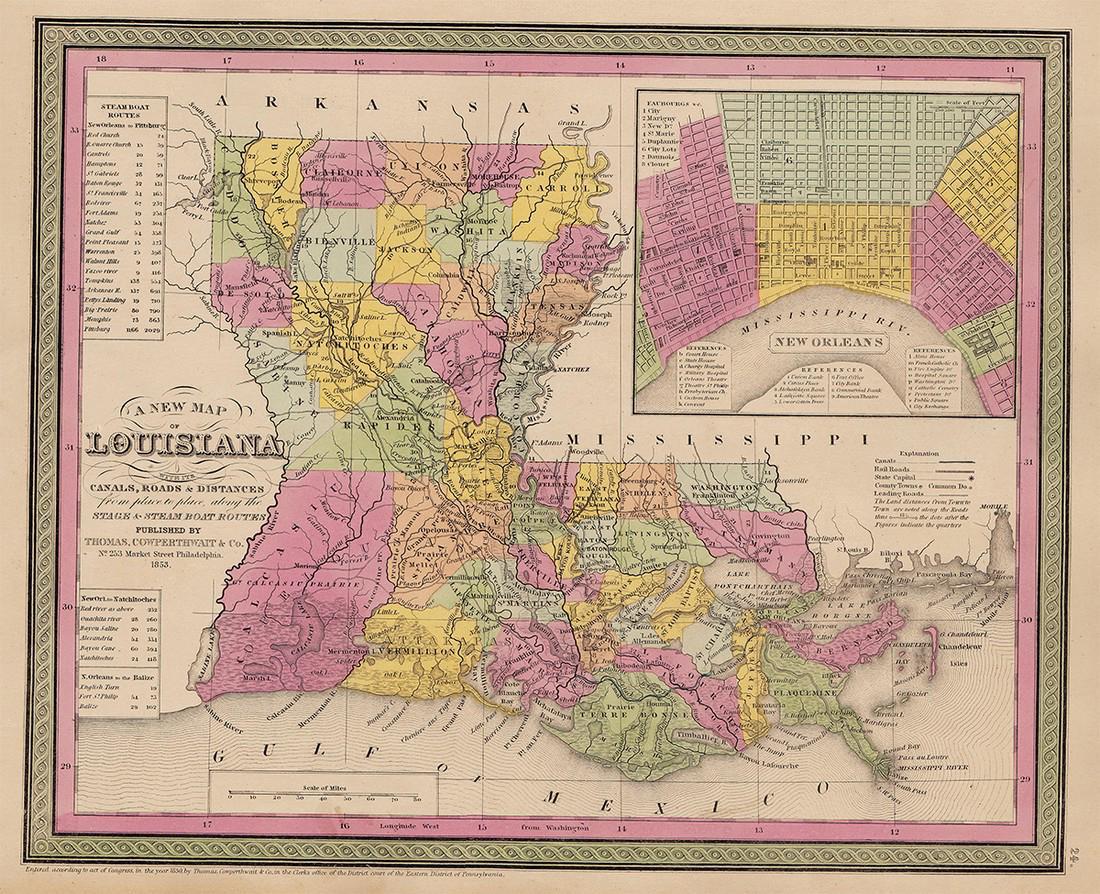 Cowperthwait: Antique Map of Louisiana, 1853: 1853 Cowperthwait Map of Louisiana. Map of Louisiana with its Canals, Roads, Distances from Place to Place, along the Stage & Steam Boat Routes. Detailed and interesting map of Louisiana, hand colored