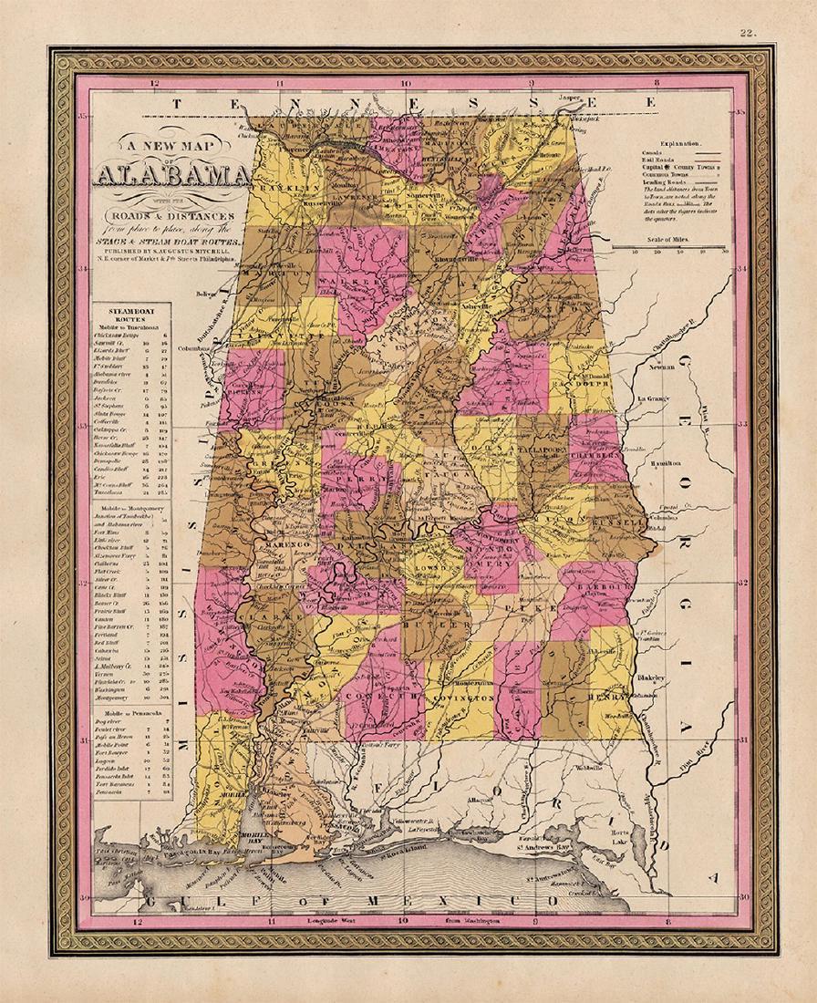 Mitchell: Antique Map of Alabama, 1848: Clean 1848 Mitchell hand-colored map of Alabama. Highly detailed and collectible map of Alabama with original, rich hand-coloring. A lovely snapshot of mid-19th century history. Nicely centered with g