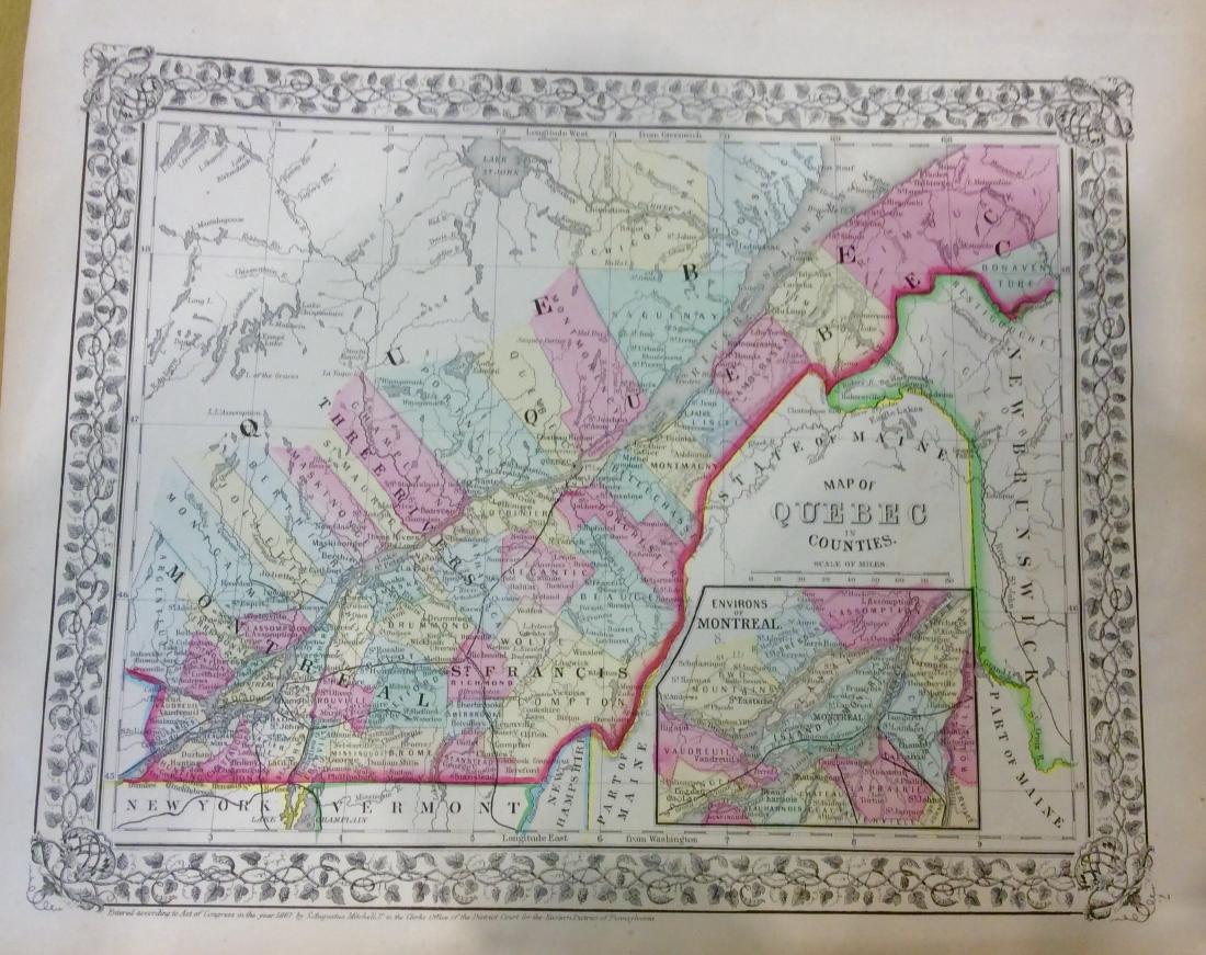 Mitchell: Antique Map of Canada, Quebec, 1869: Title/Content of Map: Canada , Quebec Date Printed: 1869 Cartographer: Augustus S. Mitchell Material/Medium: Paper Size: 15 1/3" x 12" Hand colored steel engraved Map. Published in Philadelphia. From