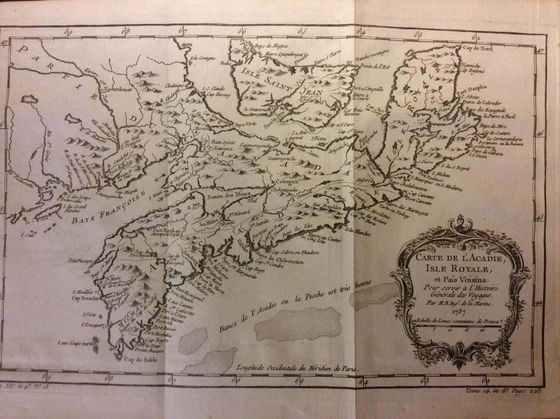 Bellin: Antique Map of Canada Arcadia Nova Scotia, 1740: Title/Content of Map: Canada. Arcadia. Or Nova Scotia Date Printed: c 1740-70's Cartographer: J.N. Bellin & J.F. La Harpe Material/Medium: Paper Size: 10" x 15" Copperplate engraved. Published in Pari