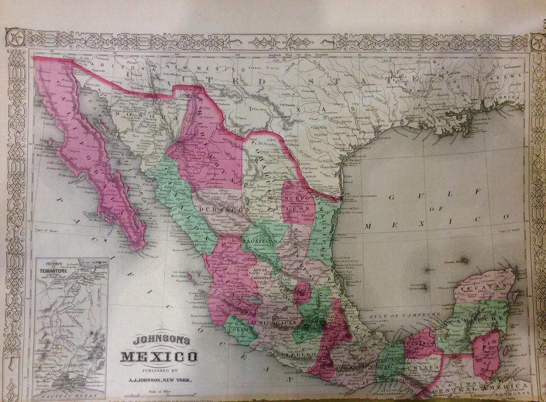 Johnson: Antique Map of Mexico, 1868: Title/Content of Map: Mexico by Johnson Date Printed: 1868 Cartographer: A.J. Johnson Material/Medium: Paper Size: 18" x 13" Hand colored steel engraved Map. From Johnson's New Illustrated Family Atla