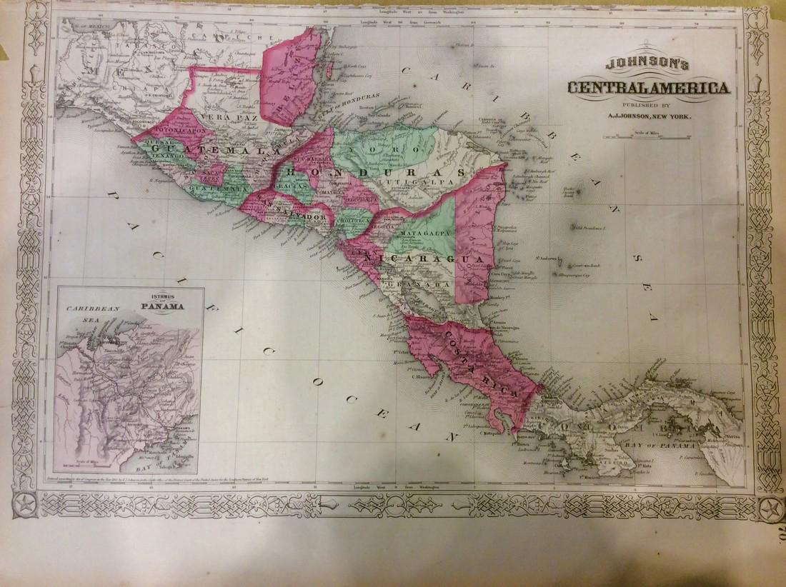 Johnson: Antique Map of Central America, 1868: Title/Content of Map: Central America by Johnson Date Printed: 1868 Cartographer: A.J. Johnson Material/Medium: Paper Size: 18" x 13" Hand colored steel engraved Map. From Johnson's New Illustrated Fa