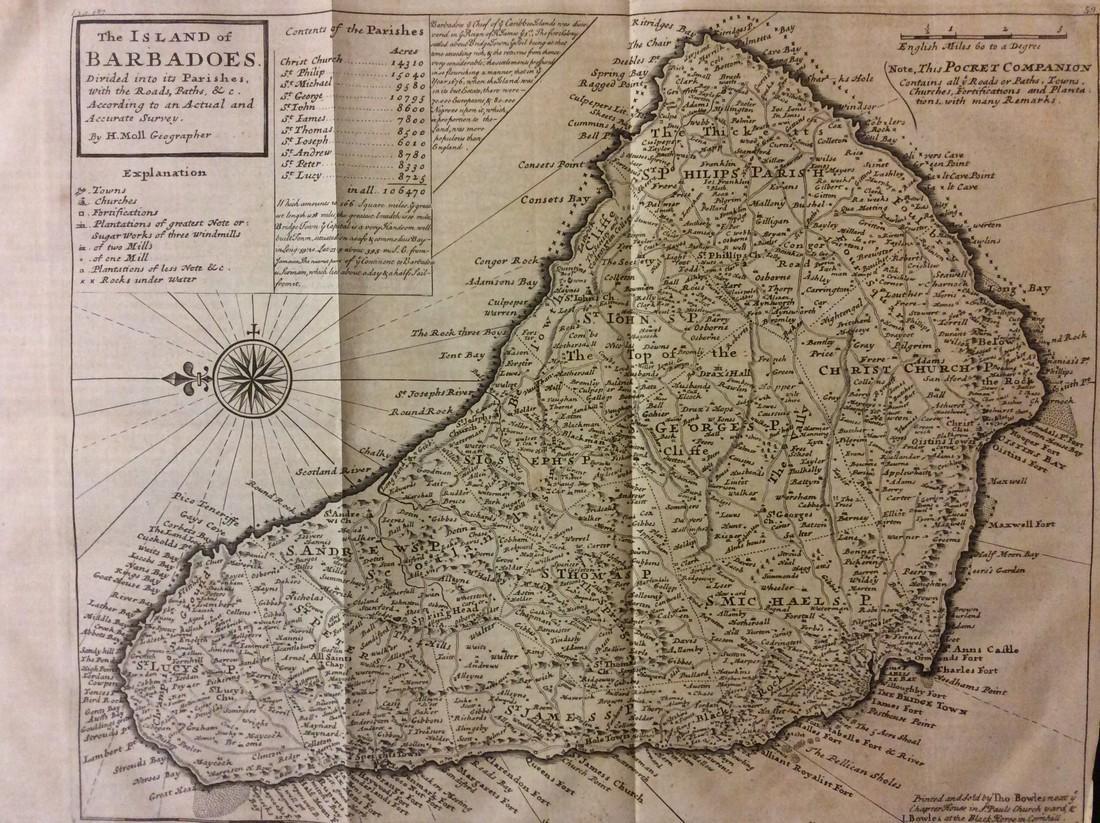 H. Moll: Antique Map of Barbados, 1746: Title/Content of Map: Barvados by H. Moll Date Printed: 1746 Cartographer: Thomas Salmon & Herman Moll Material/Medium: Paper Size: 14 1/2" x 9 1/2" Copperplate engraved. Published in London in 'the p