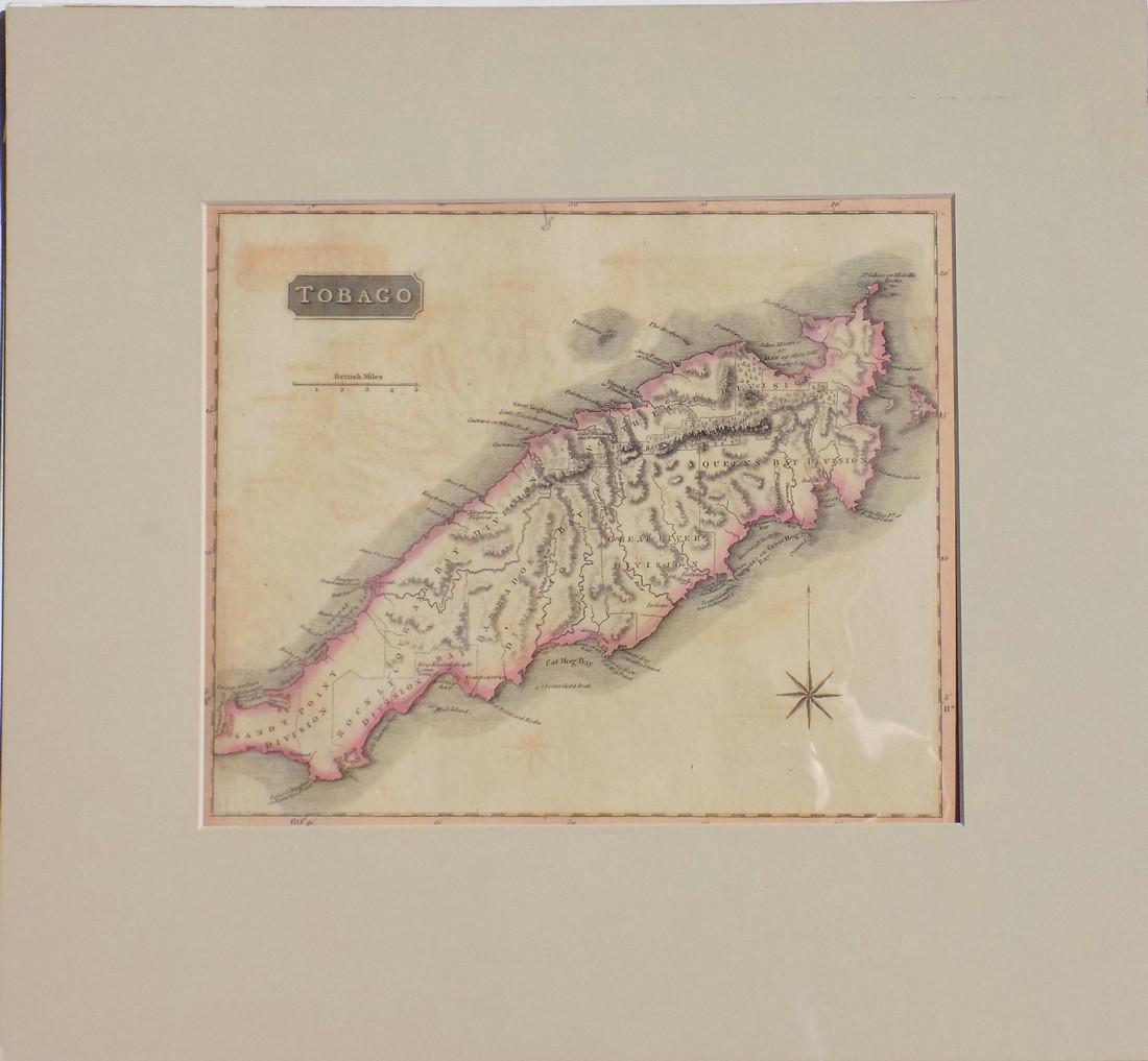 Thomson: Antique Map of Tobago, 1816: Title: Map of Tobago Date: 1816 Maker: John Thomson Medium: Engraving Size: 16" x 17 1/2" Original engraving of Tobago, West Indies, Caribbean, by John Thomson 1816. Dimensions: 16" x 17