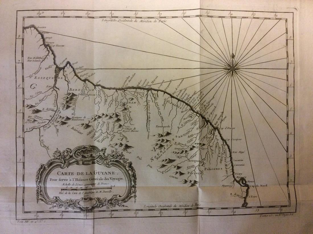 Bellin: Antique Map of the Guyana's, 1740: Title/Content of Map: The Guyana's and parts of Brazil with rhumb lines. Date Printed: c 1740-70's Cartographer: J.N. Bellin & J.F. La Harpe Material/Medium: Paper Size: 15 3/4" x 11" Copperplate engr