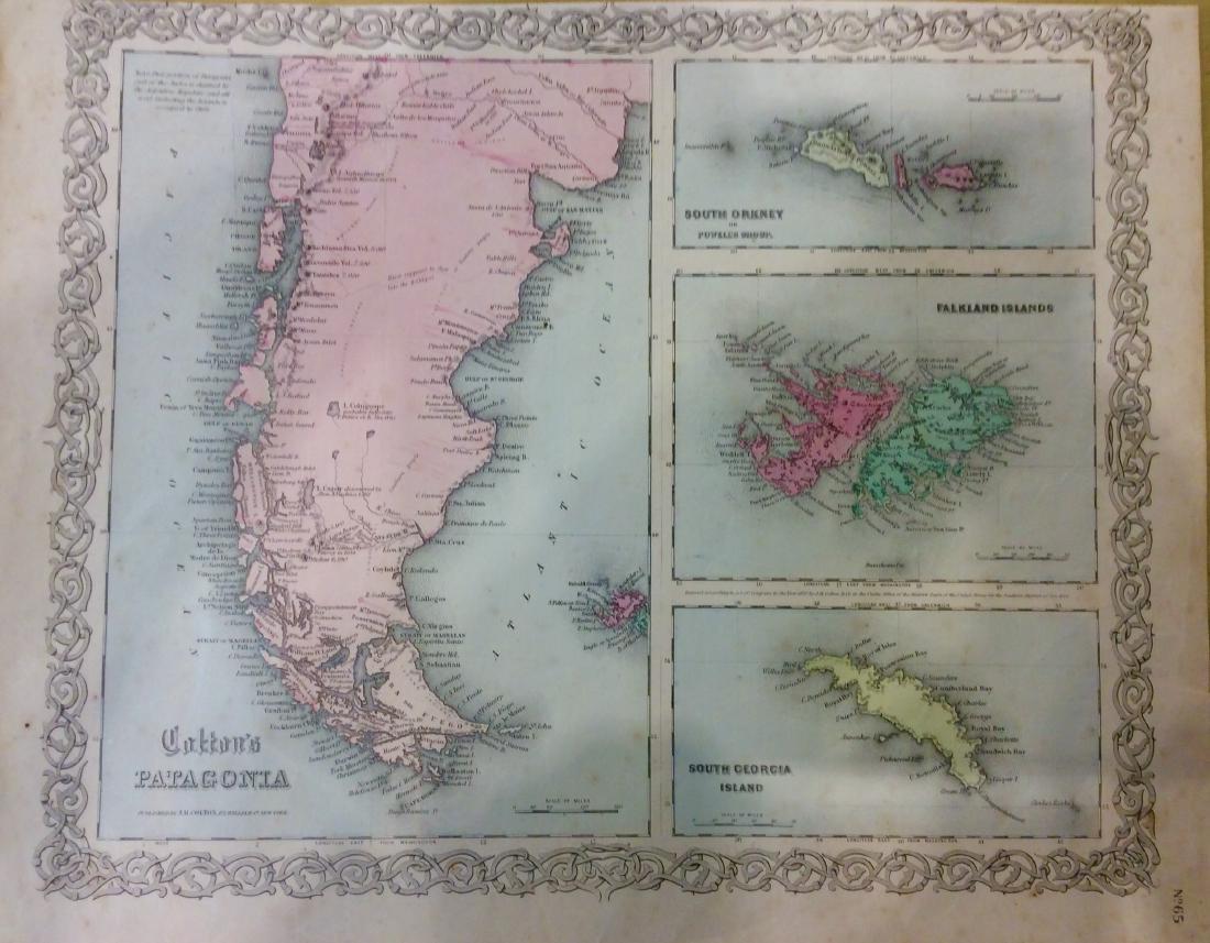 Colton: Antique Map of Patagonia & Nearby Islands, 1871: Title/Content of Map: South America Patagonia and nearby Islands Date Printed: 1871 Cartographer: G.W. Colton Material/Medium: Paper Size: 14" x 17 1/2" Hand colored lithograph. From 'Colton's America