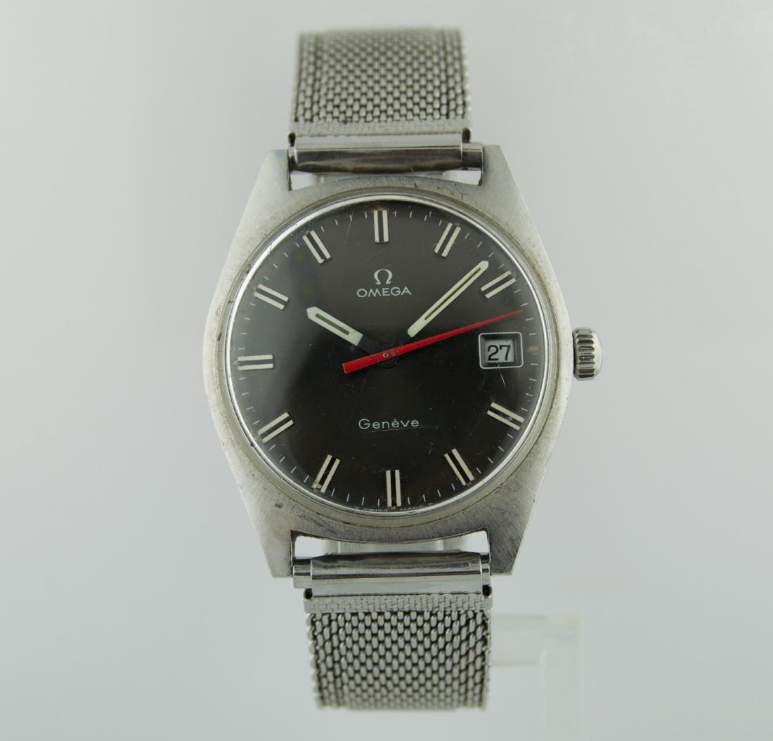 Omega Stainless Steel Gray Dial Watch, 1960s: Watch: Omega Stainless Steel Gray Dial Watch Date: 1960s Function: Waterproof Movement: Mechanical, manual wind Case Metal: Stainless steel Case Size: 35mm Bracelet: 100% stainless steel mesh bracelet
