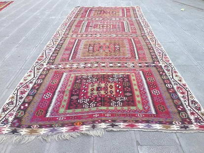 Turkish Kilim Rug 14x5.6: This is a vintage handmade turkish rug from the 1960s. The size of the rug is 14 x 5.6 Feet. Organic vegetable dye coloring. Handspun organic wool. Anatolian design. Bohemian, oriental and eclectic
