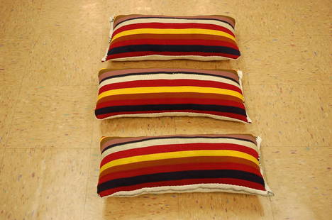 3 Fine Vintage Rug Very Soft Wool Pillows 1.10x10 Each: 3 never used, hand sewn two matching inscribed pillows made by persian vintage rug 1'10"x 10" wool woven on cotton foundation made to last for decades to come, color's include ivory, tan, red, gold,