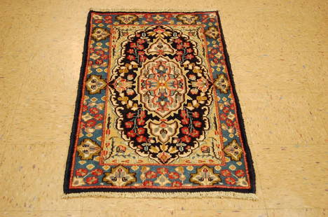 Persian Kerman Rug 2.2x4: HIGHLY DETAILED COLORFUL PERSIAN KERMAN RUG with size of 2'2 x 4' Highly detailed Floral design pattern over Blue background field with bouquets and sea of flowers and wines in the most
