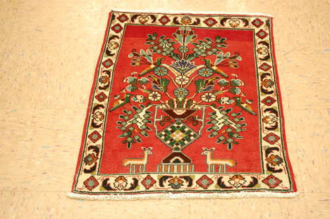 Animal Vase Bird Design Persian Tabriz Rug 2x2.7: DETAILED ANIMAL VASE BIRD DESIGN PERSIAN TABRIZ RUG circa mid Century with exact size of 2' x 2' 7". Wonderful Red background with Wool woven on cotton foundation Color's include Ivory, Blues,