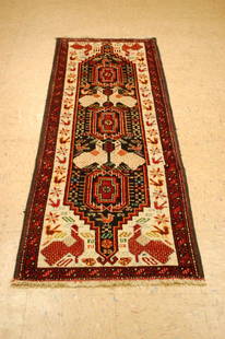 Persian Balouchi Baloucestan Rug 2.3x6.8: DETAILED ANIMAL SUBJECT DESIGN BORDER PERSIAN BALOUCHI RUG circa mid Century with exact size of 2'3" x 6' 8" Wool woven on cotton foundation made to last for decades to come, Color's include Ivory,