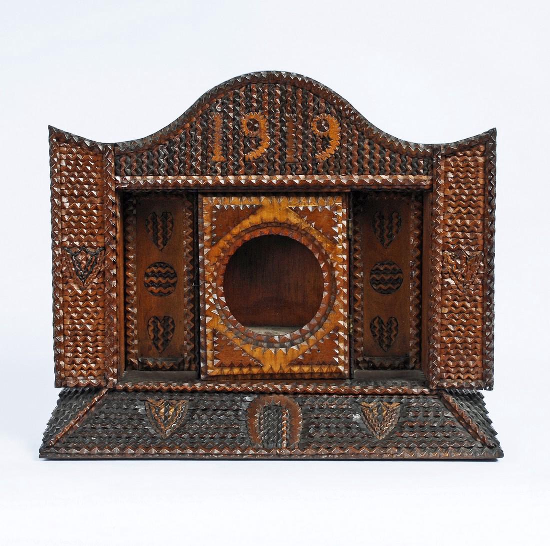 Dated 1919 Tramp Art Clock Case with Hearts (1 of 7)