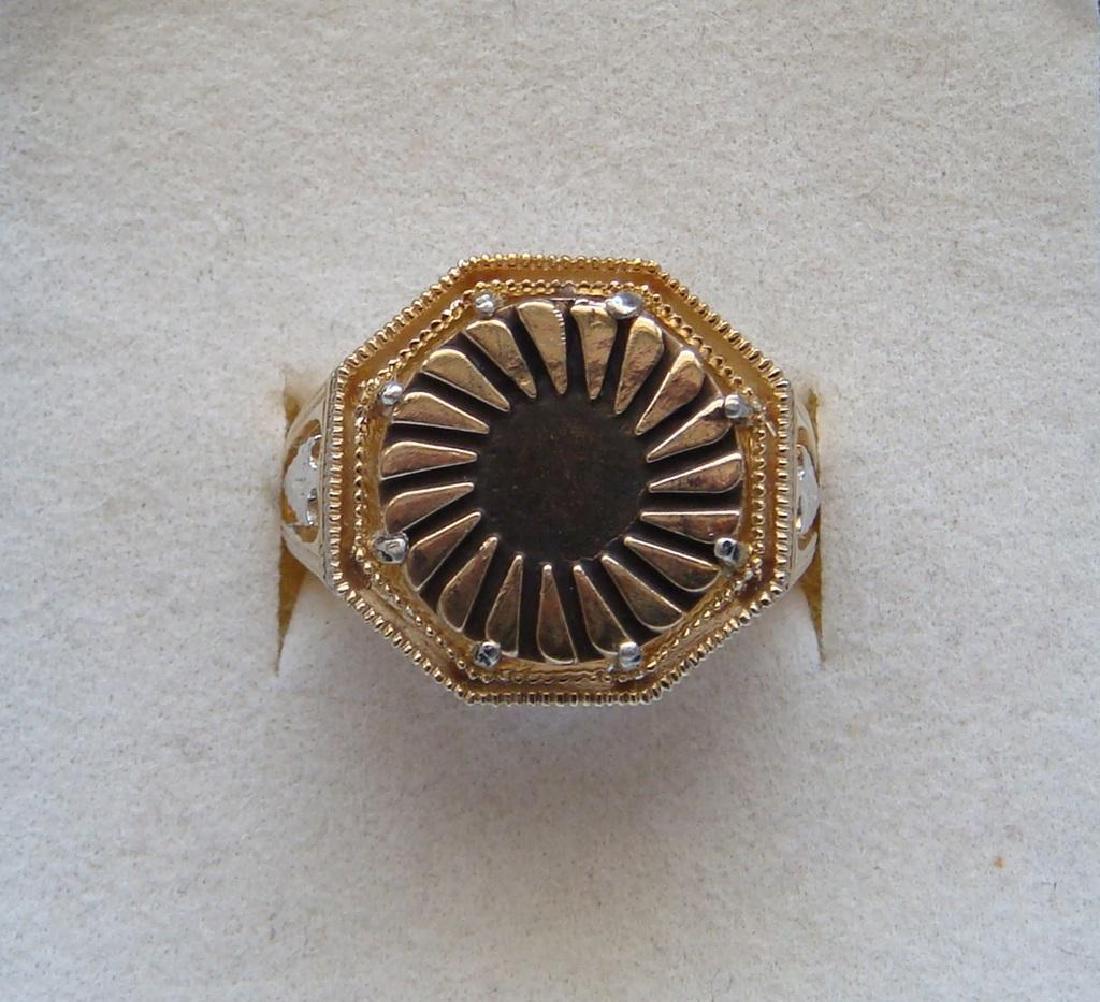 James Avery 14K Gold Sterling Silver Vermeil Ring: The filigree mounting of this spectacular two tone ring is made from solid sterling silver gold plated. This breathtaking ring mounting is engraved with very fancy acanthus leaves, vines and mil grain