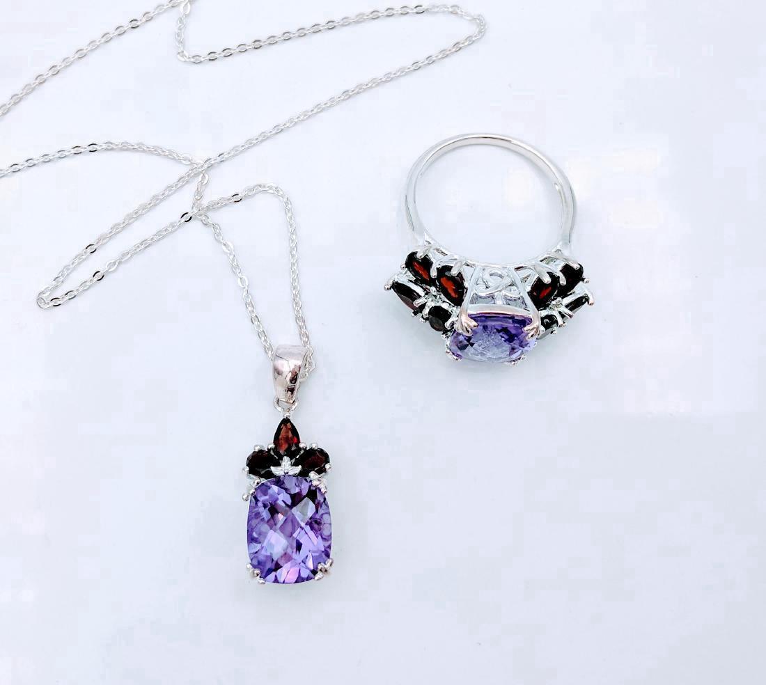 Sterling Silver Amethyst Garnet Pendant Necklace & Ring (1 of 6)