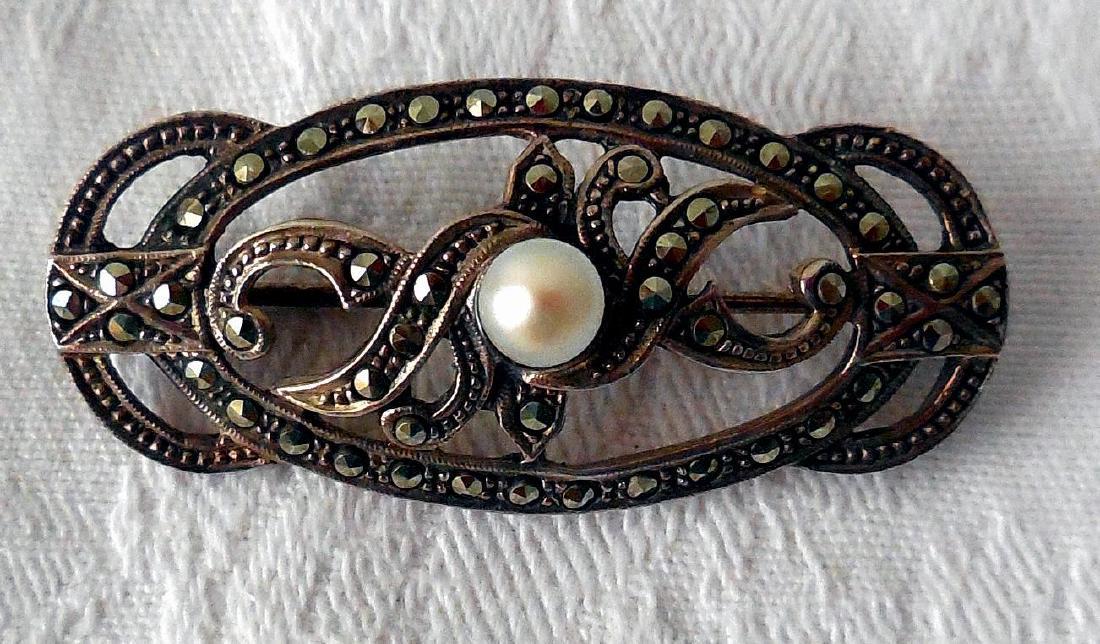 Antique Sterling Silver Marcasite Pearl Brooch, 1910-20 (1 of 5)