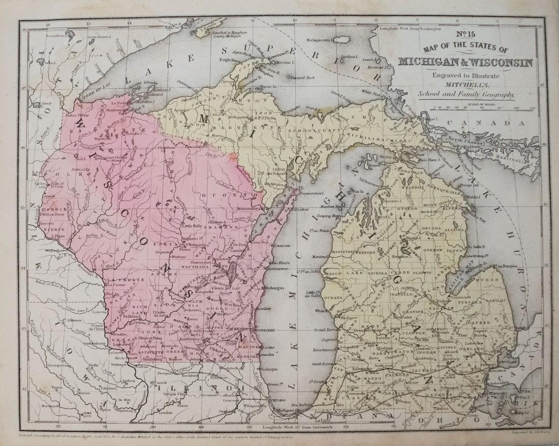 Mitchell: Antique Map of Michigan and Wisconsin, 1852: Title/Content of Map: 1852 Mitchell Map of Michigan and Wisconsin -- Map of the States of Michigan and Wisconsin Date Printed: 1852, Philadelphia Cartographer: S Mitchell Size: 8.2 x 10.8 in. A very n