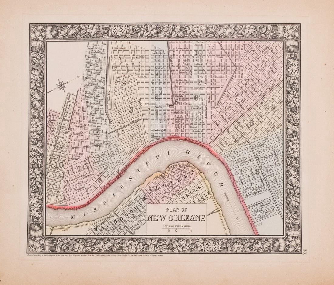 Mitchell: Antique Map of New Orleans, 1860: Title/Content of Map: 1860 Mitchell Map of New Orleans -- Plan of New Orleans Date Printed: 1860, Philadelphia Cartographer: S Mitchell Size: 9.2 x 10.9 in. An excellent map of the Crescent City, show