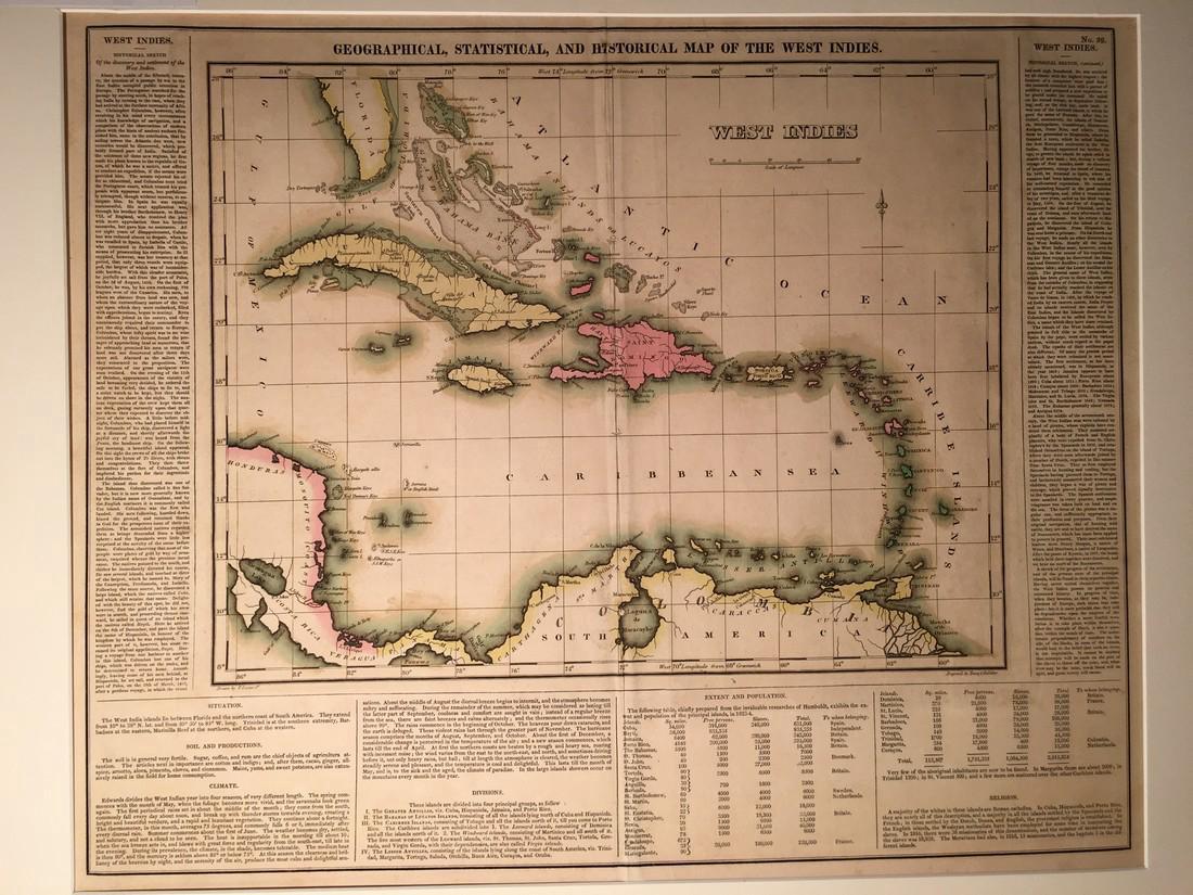 Carey & Lea: Antique Map of West Indies, 1822: Title/Content of Map: West Indies Date Printed: 1822 Cartographer: Henry C. Carey and Isaac Lea Material/Medium: Hand Coloured Engraving Size: 17 7/8" x 22 3/8" Atlas Folio Please note that this lot h