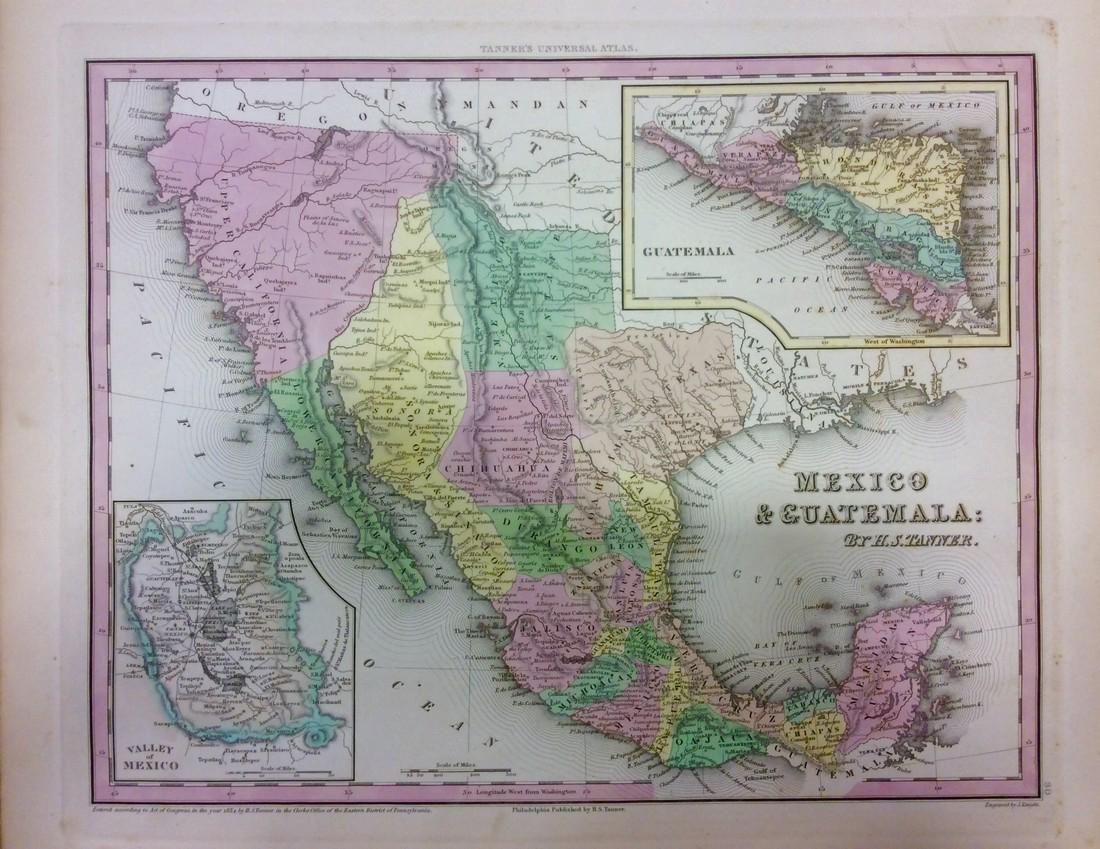 Antique Map of Southwestern US & Mexico: Title/Content of Map: Important Southwestern U.S., Texas to CA with Mexico and Guatemala Date Printed: 1843 Cartographer: Based on the work of H.C. Tanner Material/Medium: Paper Size: 17" x 14" Hand c