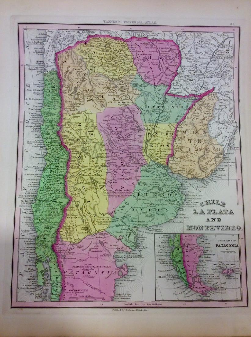 Antique Map of Argentina & Chile with Patagonia: Title/Content of Map: Argentina & Chile with an insert of Patagonia Date Printed: 1843 Cartographer: Based on the work of H.C. Tanner Material/Medium: Paper Size: 17" x 14" Hand colored engraved Map.