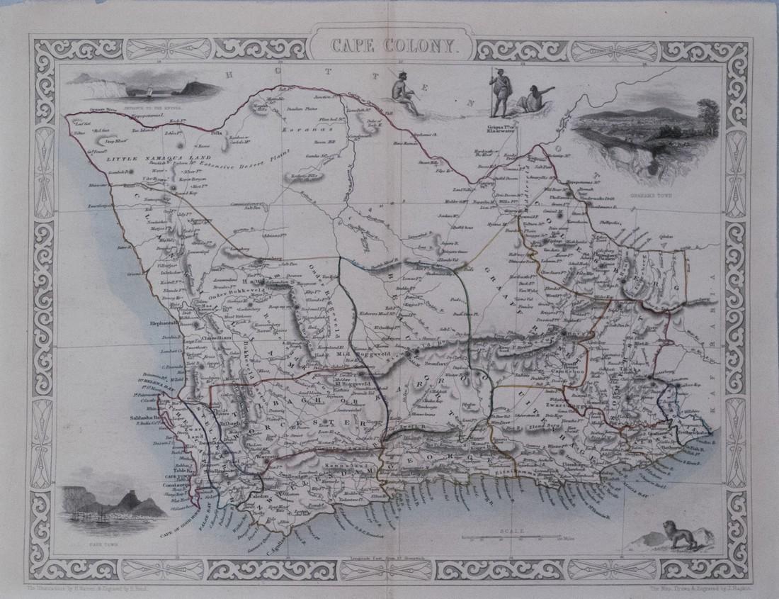 Tallis: Antique Map of Cape Colony South Africa, 1851: Title/Content of Map: 1851 Tallis Map of Cape Colony South Africa -- Cape Colony Date Printed: 1851, London Cartographer: J Tallis Size: 13.3 x 9.6 in. A very attractive map in the Tallis tradition wi