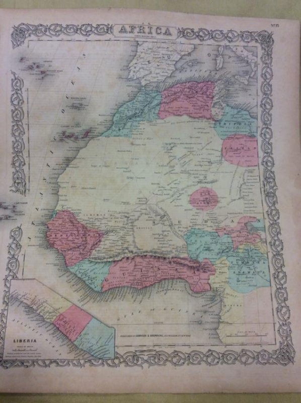 Colton: Antique Map of Western Africa, 1859: Title/Content of Map: Western Africa by Colton Date Printed: 1859 Cartographer: H.J. Colton Material/Medium: Paper Size: 17 1/2" x 15" Hand colored, engraved Map. Published in New York in Colton's 'Ge