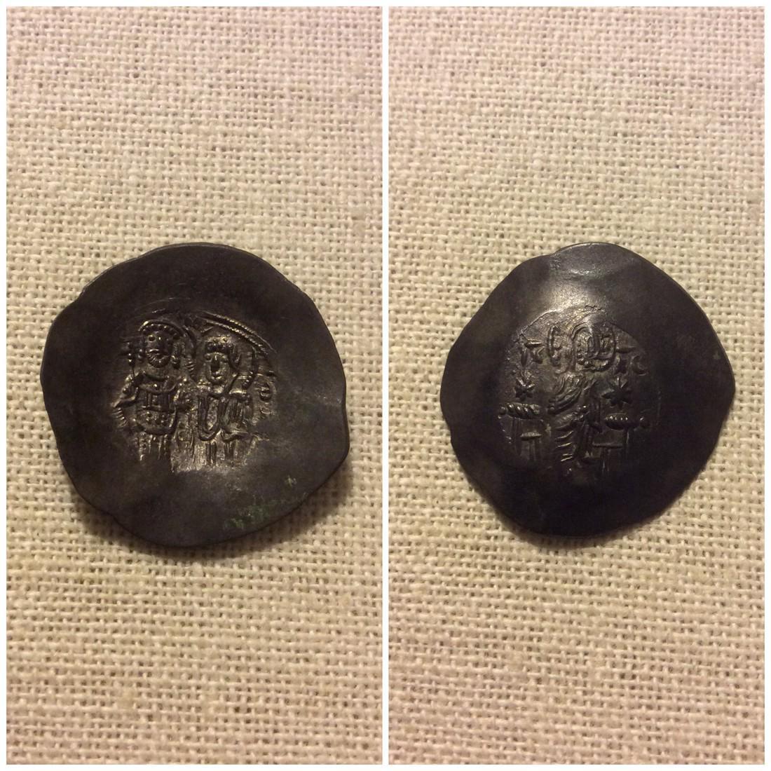 Byzantine Empire Manuel | Comnenus Coin: Byzantine Empire Manuel | Comnenus 1143--1180 Ad Billon Diameter 29.6 Denomination Aspron Trachy, Weight 4 grams, Obverse Christ, Reverse Emperor being blessed by the Virgin, Mint Constantinople Pleas