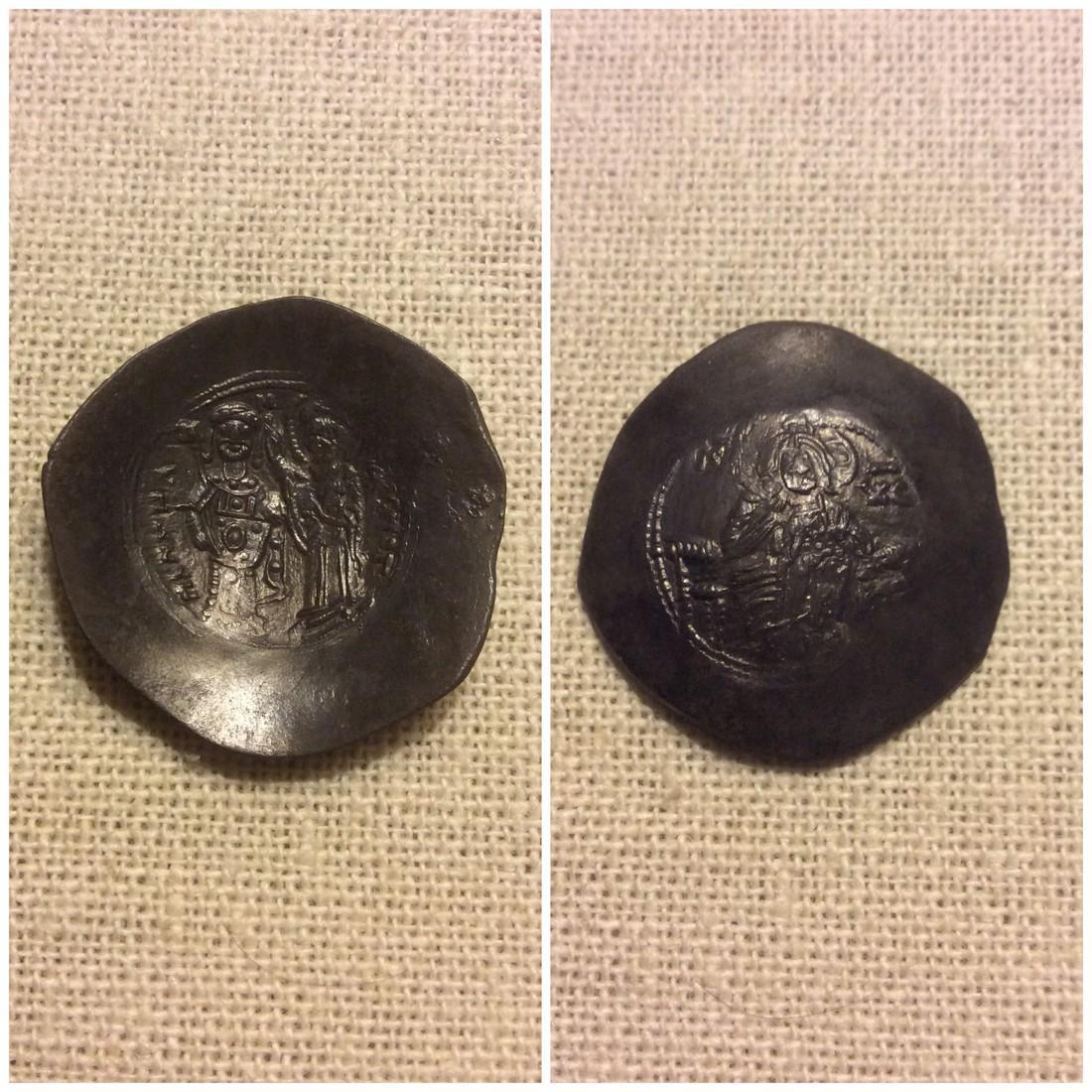 Byzantine Empire Manuel | Comnenus Coin: Byzantine Empire Manuel | Comnenus 143-1180 AD Billon Diameter 30m Denomination Aspron Trachy, Weight 4 grams, Obverse Christ, Reverse Emperor being blessed by the virgin. Mint EF (won't let me write 