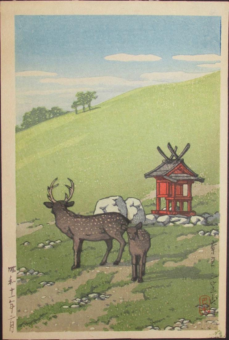 Hasui Kawase First Edition Woodblock Deer Kasuga Shrine: Artist: Kawase Hasui Title: Deer Strolling Along Kasuga Shrine, Nara Date: 1936 Publisher: Watanabe Series: Shinto and it's Architecture Medium: Japanese Woodblock Print Size: 7 3/8 x 5" This is a fir