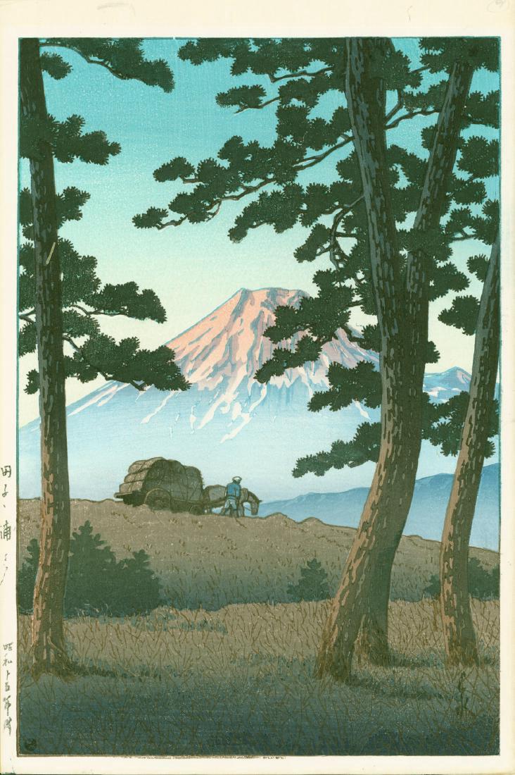 Hasui Kawase Woodblock Mt. Fuji from Tagonoura: Artist: Hasui Kawase Title: Evening at Tagonoura Date: 1940, lifetime edition produced between 1946-1957 Signed and sealed by the artist. Size: 15.5 x 10.25 inches Publisher: Watanabe Shozaburo Bears 